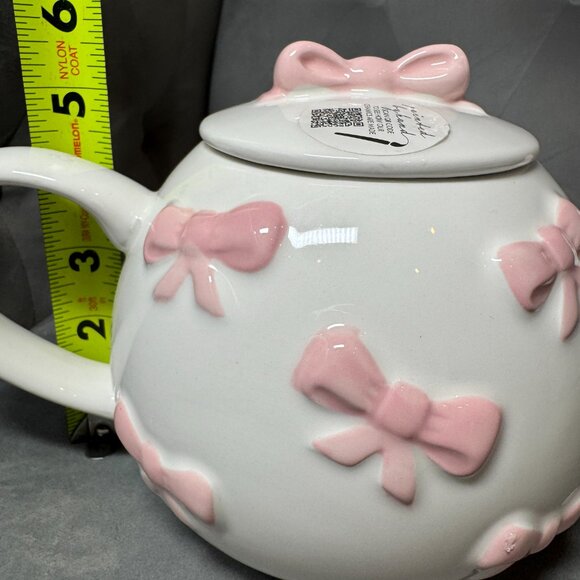 Lang Pink Bow White Pink Hand Painted Ceramic‎ Teapot NEW WITH TAG - Picture 9 of 9